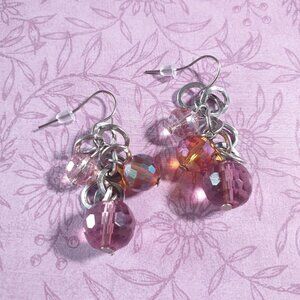 Handmade Silver Tone Vintage Dangle Earrings  Pink Orange Faceted Beads Costume